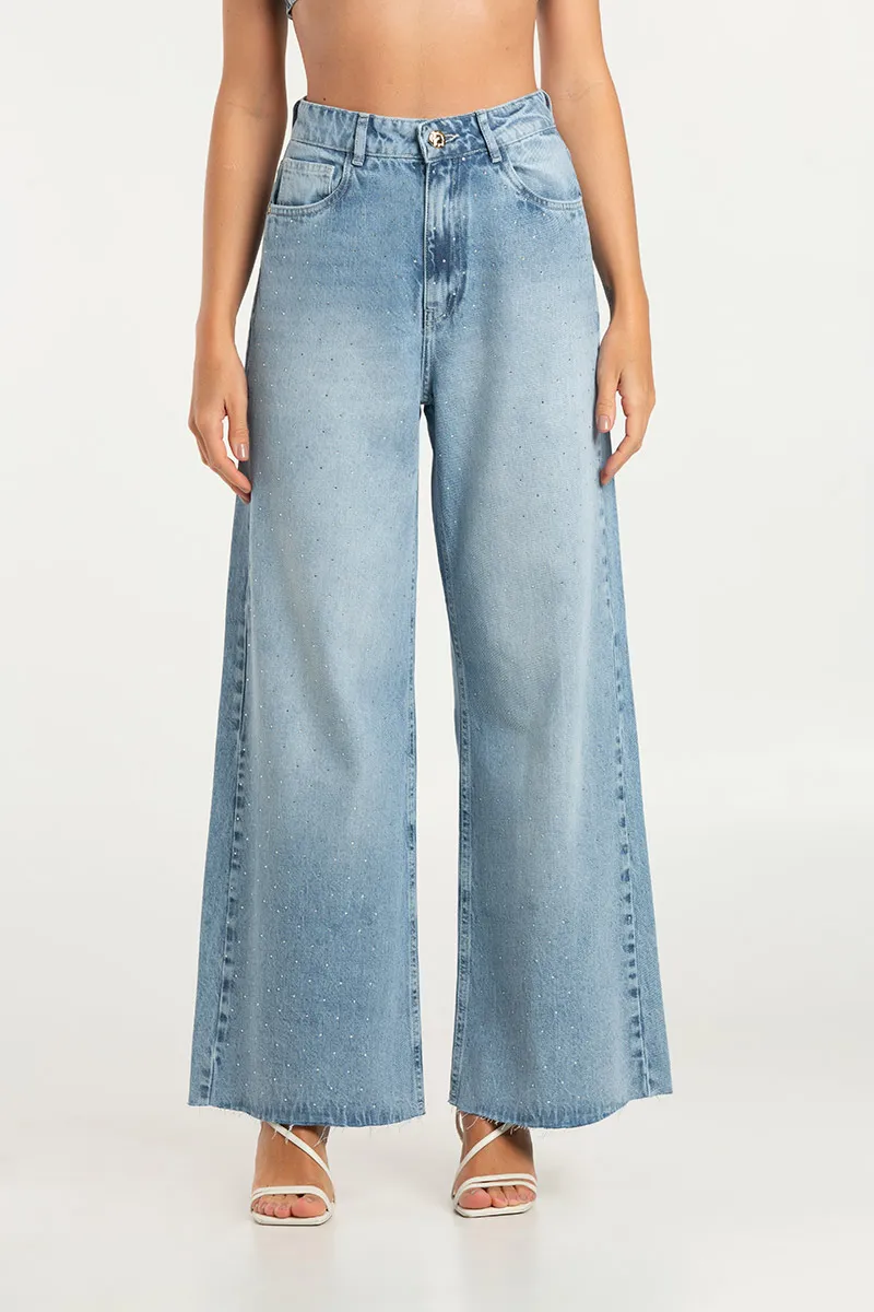 CALÇA ALLURE WIDE LEG JEANS COM APLICAÇÃ DE STRASS