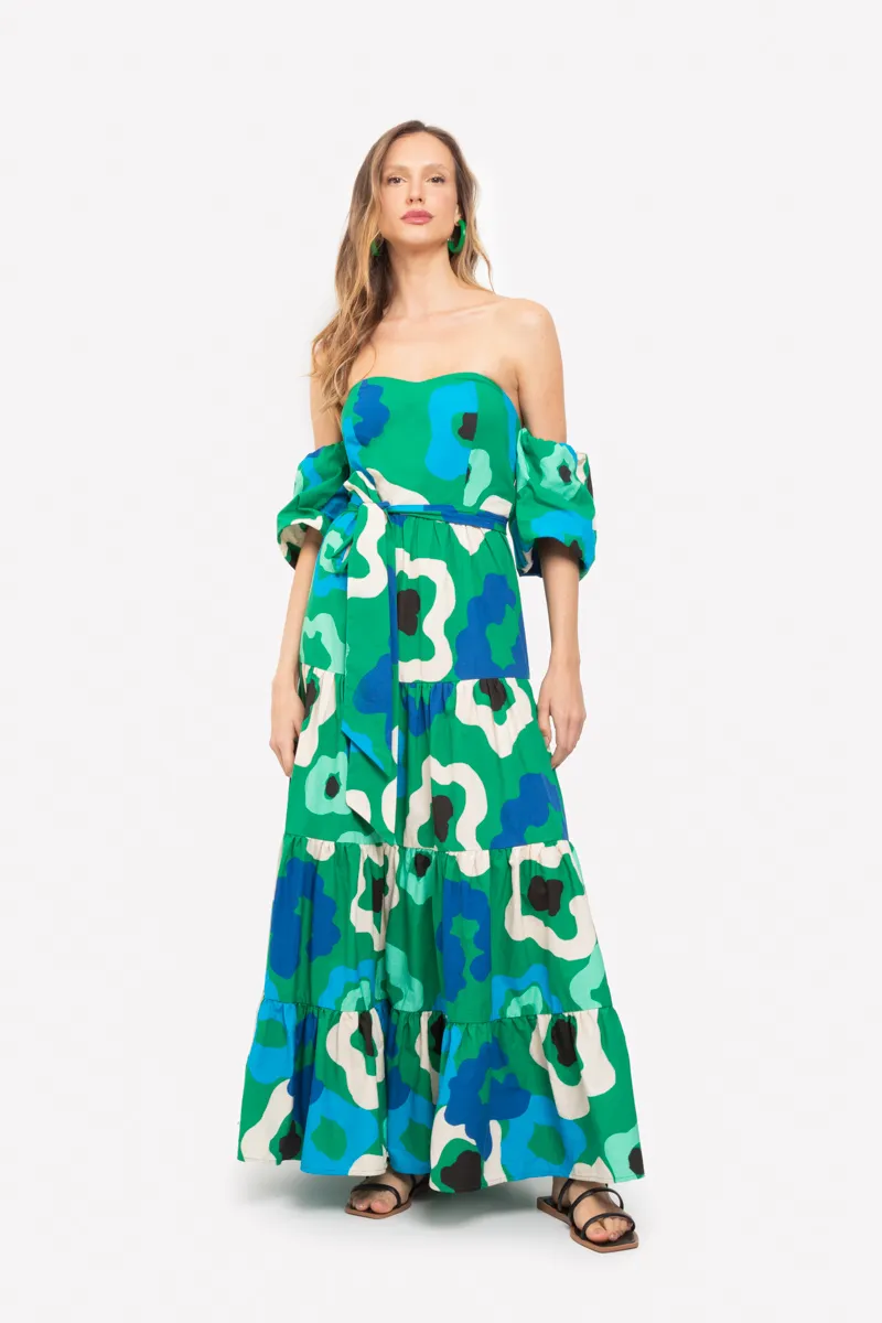 Vestido Longo Estampado Manga Bufante Verde