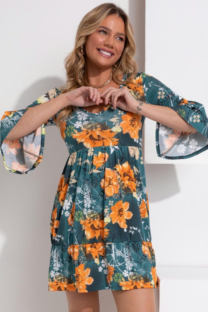 Vestido Curto Floral Verde com Franzido