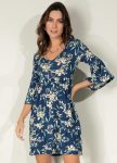 Vestido Curto Folhagem Azul com Franzidos