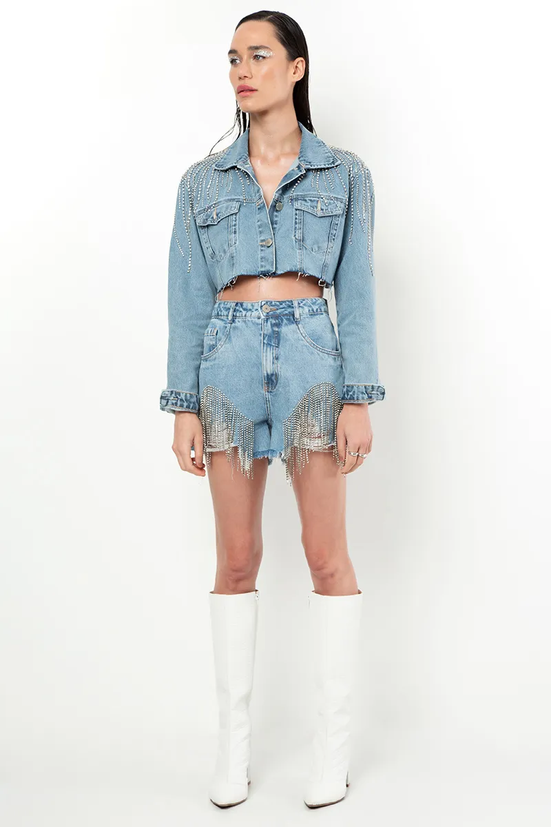 Shorts Cintura Alta Em Jeans Com Franja Corrente De Strass