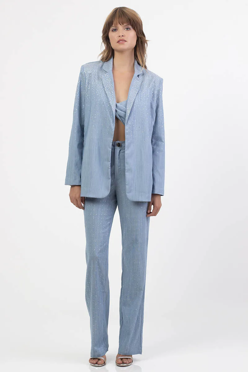 Blazer Alongado Manga Longa  Denim Maquinetado Aplicações De Strass