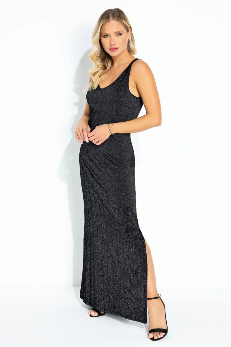 Vestido Longo Preto com Fios Metalizados