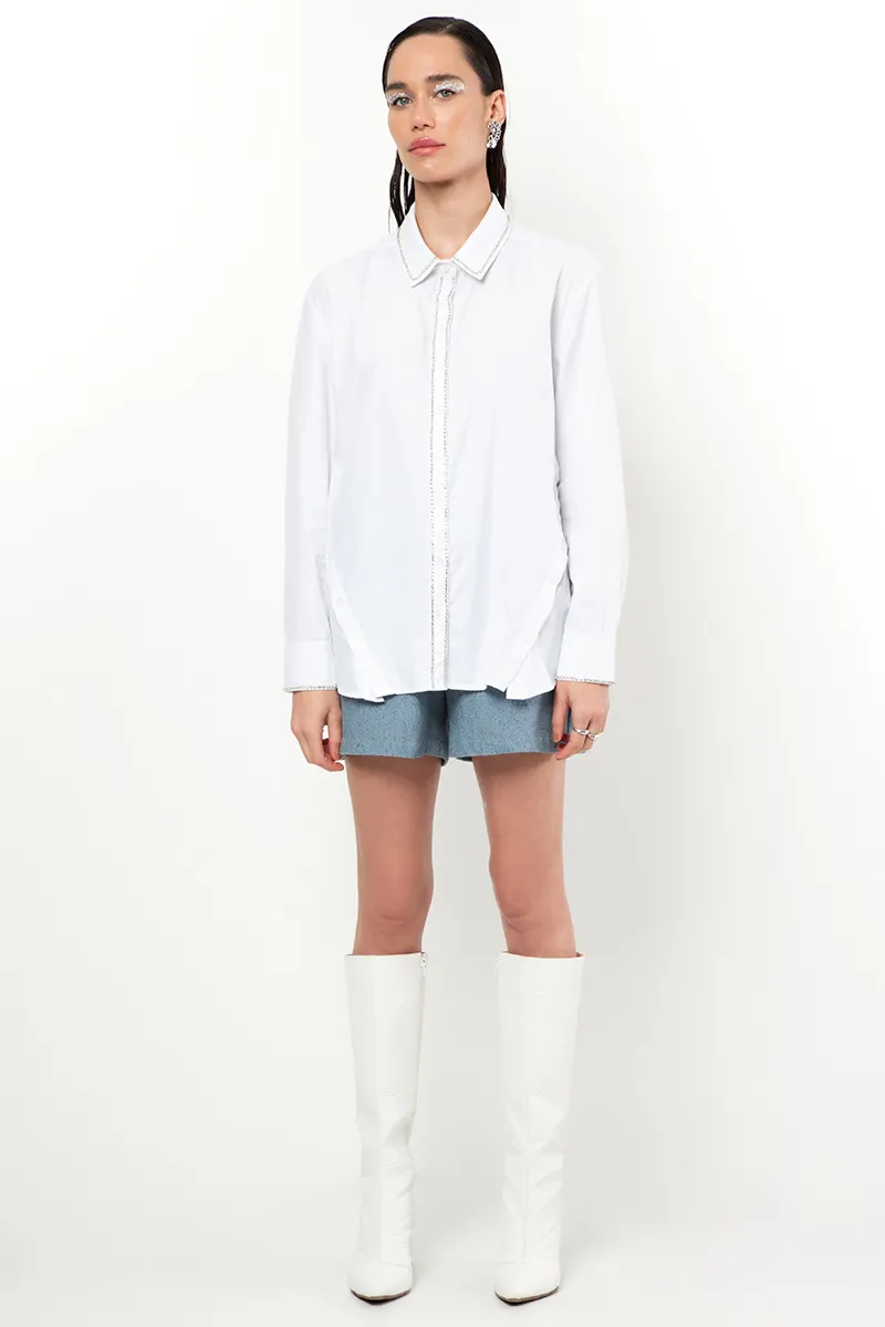Camisa Manga Longa Tricoline Com Bordado De Strass