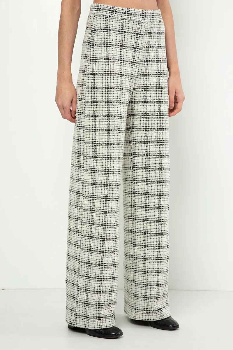 Calça Wide Leg Em Malha Jacquard Com Padronagem Xadrez