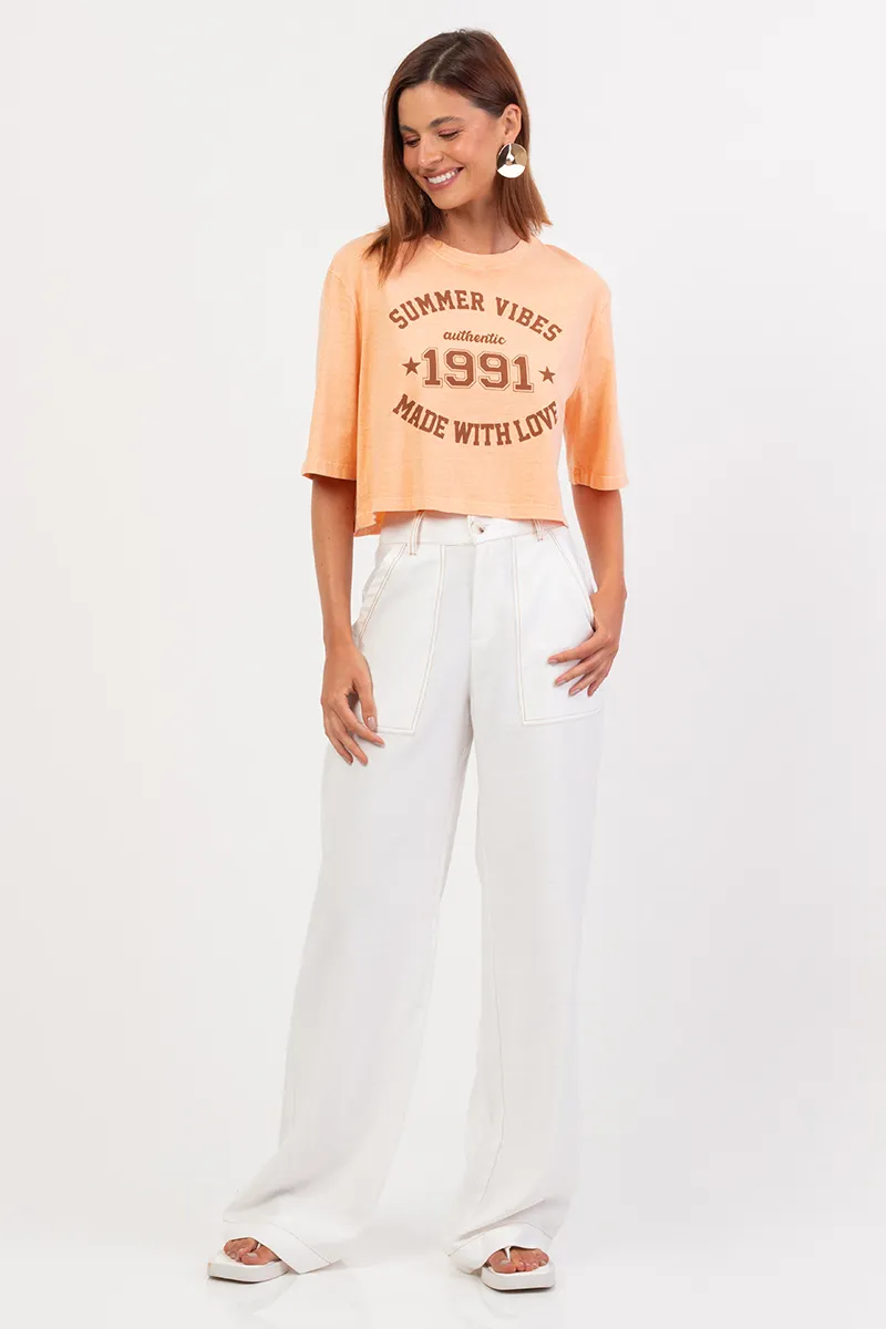 Blusa Cropped Manga Curta Em Meia Malha Estonada Estampa